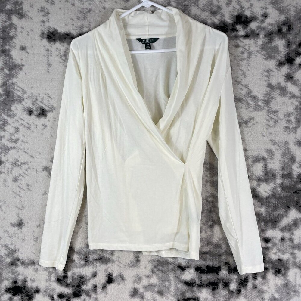 Lauren Ralph Lauren Top Womens Size PM Ivory Cotton Stretch Long Sleeve V-Neck